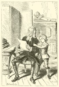 El niño mostrando el dibujo de la escuela de su padre de English School